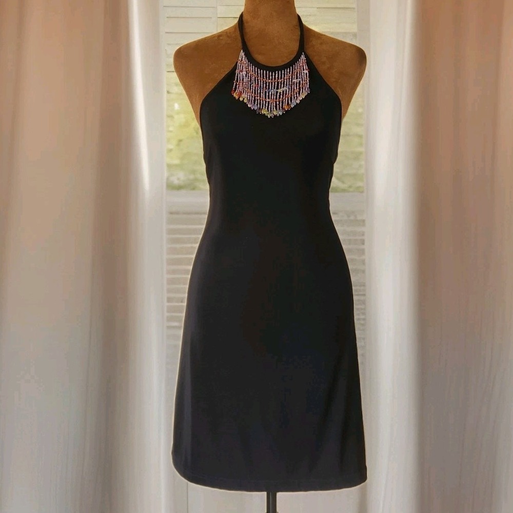 Vintage Y2K 90s Dress City Triangles Size S Beaded‎ Fringe Halter Stretch Black